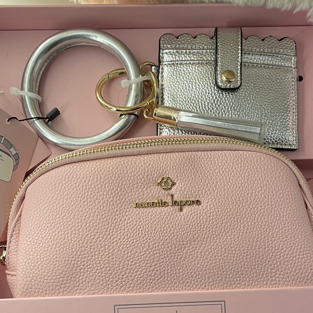 Nanette Lepore Pink Belt Bag and Silver Key & Card Holder Set Boxed New Giftable